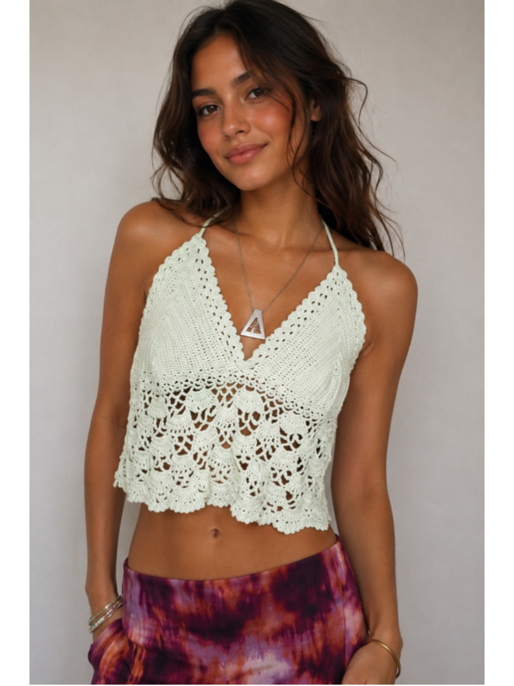 Handmade Crochet Halter Crop Top Mint Green Boho Pineapple Lace Size L